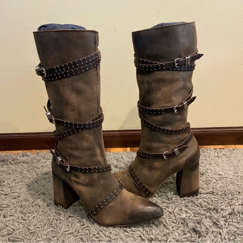 Freebird JAX Strappy Tall Distressed Leather Riding Boots Size 10 - Picture 8 of 16